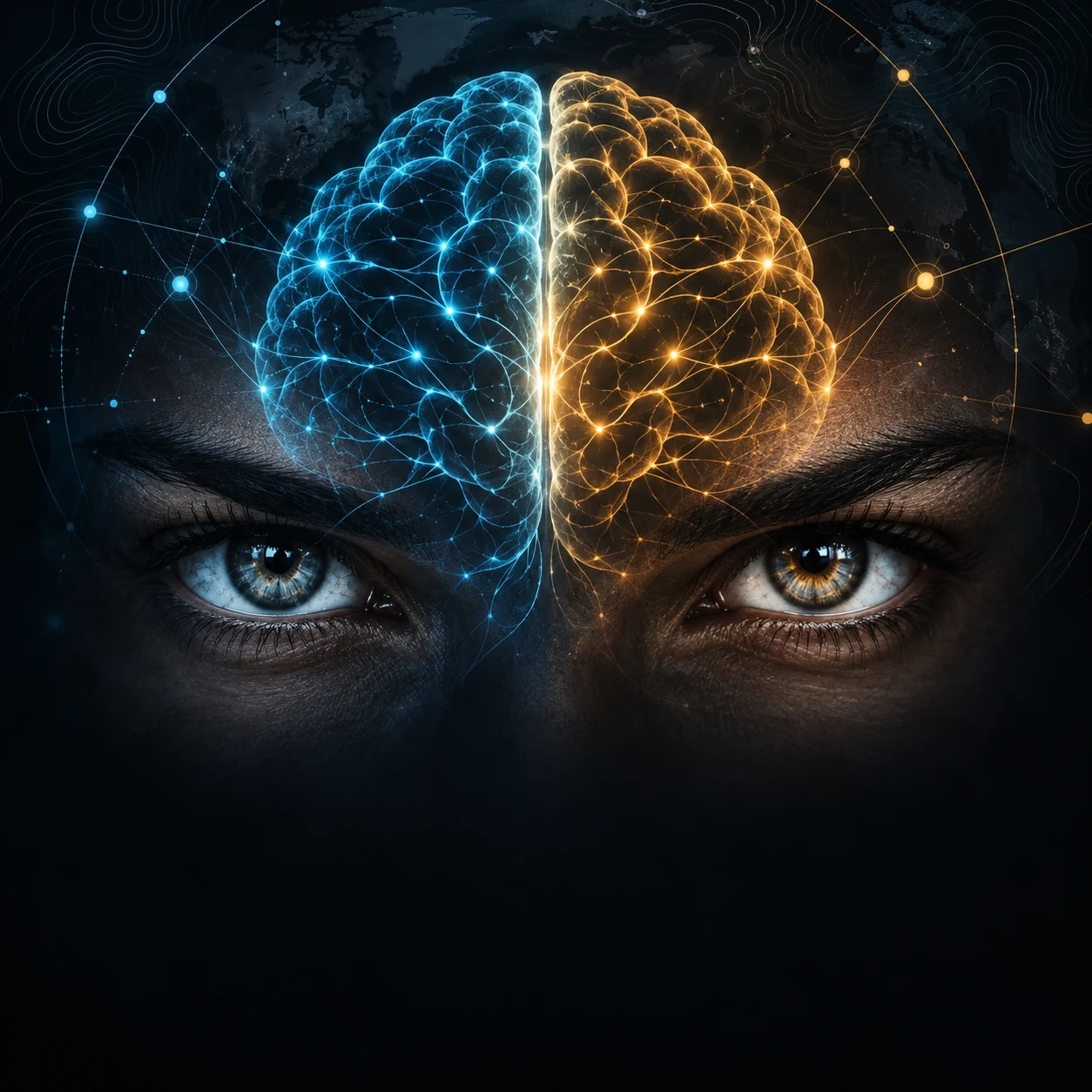 A human gaze and a blue-and-gold analytical brain representing opposing perspectives